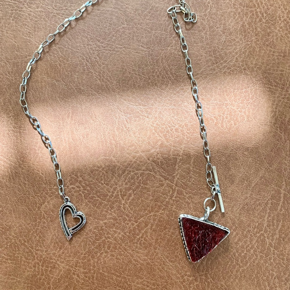 Silver Heart and Red Triangle Pendant Necklace